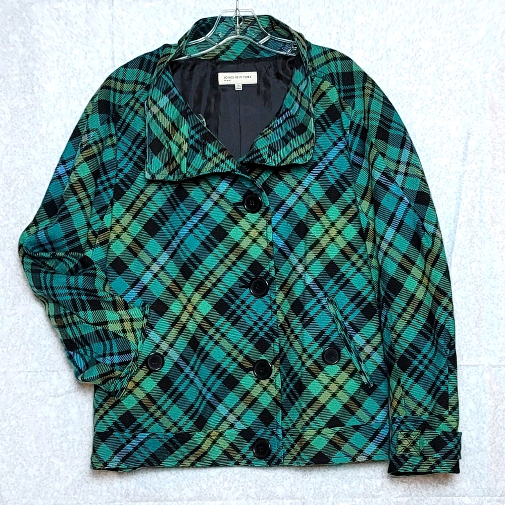 Jones New York Teal Green Plaid Button Jacket